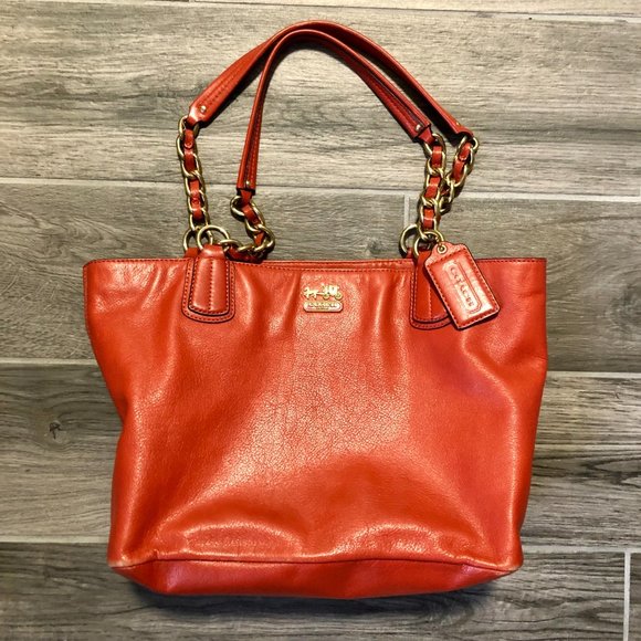 COACH Orange Leather Purse with Gold Chain Hardware - Double Strap Shoulder Bag - Picture 1 of 16